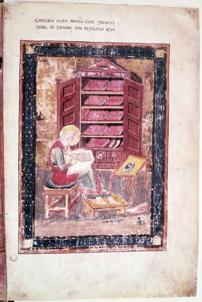 السيدة 1 f.vr Ezra كتابة الكتب المقدسة من الذاكرة في 458 قبل الميلاد ، من Codex Amiatinus بواسطة الأنجلو ساكسون